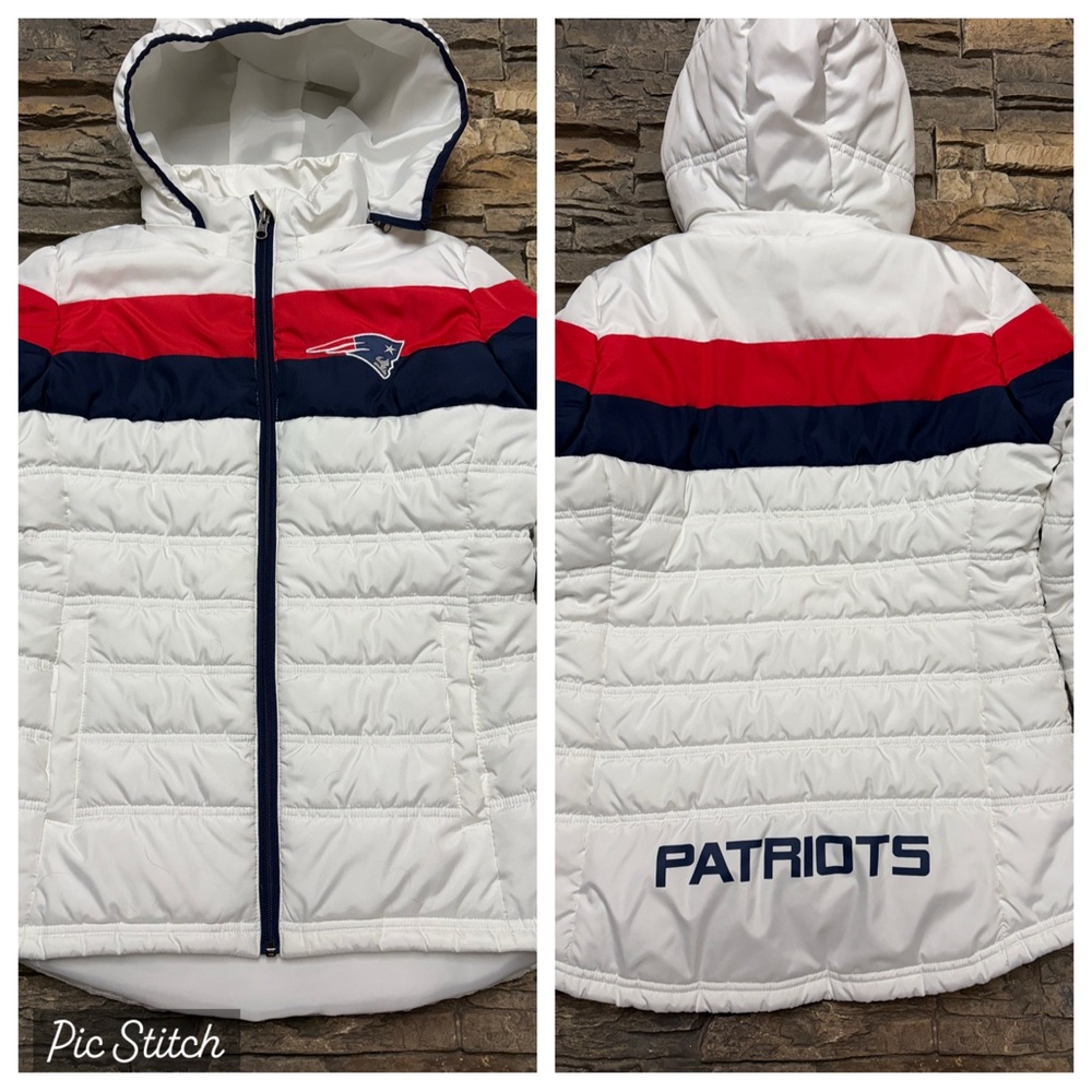 New England Patriots Women’s Puffer Jacket Sz M White Hooded NFL